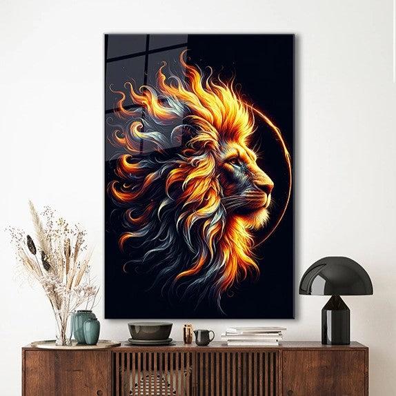 Fiery Lion Glass Wall Art - Animal Wall Arts