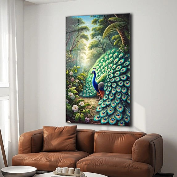 Majestic Peacock Glass Wall Art - Animal Wall Arts